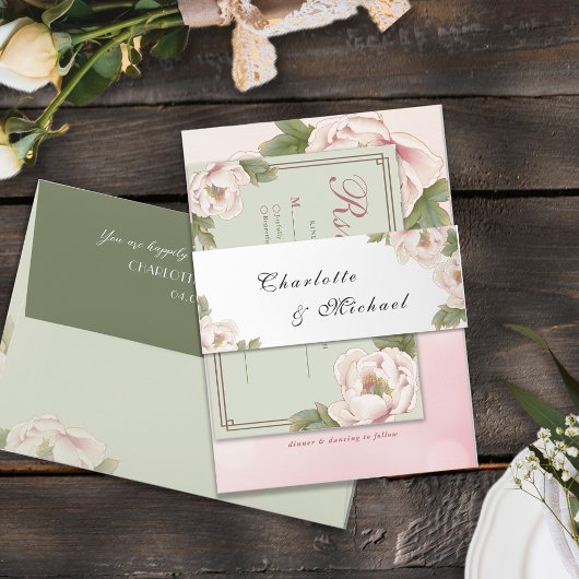 Minimale uitnodiging voor groene bruiloft op monog uitnodigingen wikkel