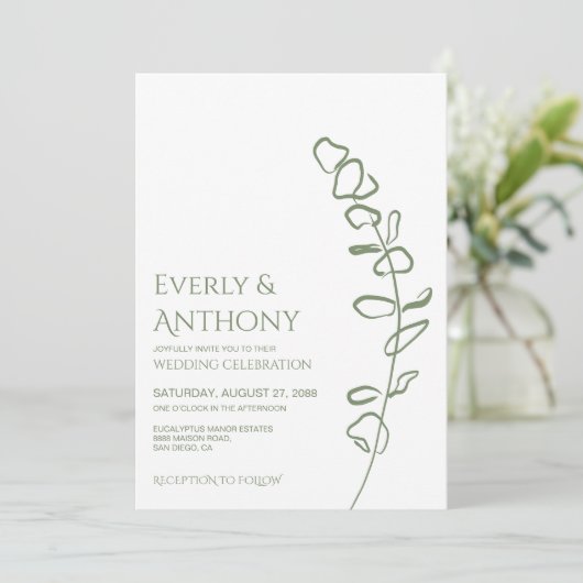 Minimale uitnodiging voor groene eucalyptus-bruilo (Staand voorkant)