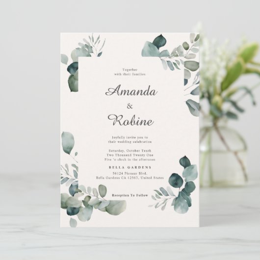 Minimale uitnodiging voor het huwelijk met eucalyp (Staand voorkant)