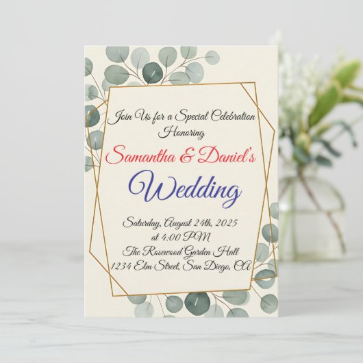Minimale uitnodiging voor het huwelijk met eucalyp (Staand voorkant)
