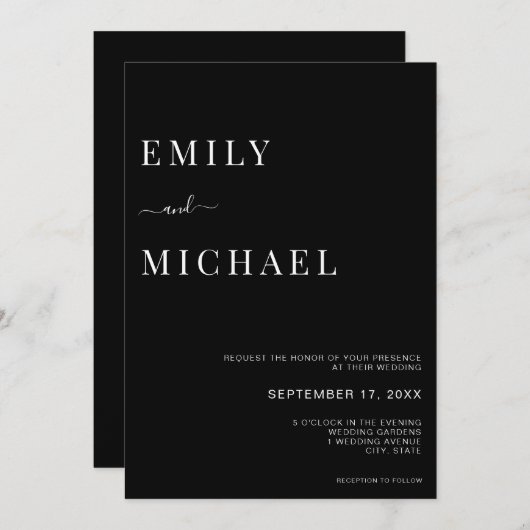 Minimale uitnodiging voor moderne zwarte bruiloft (Voorkant / Achterkant)