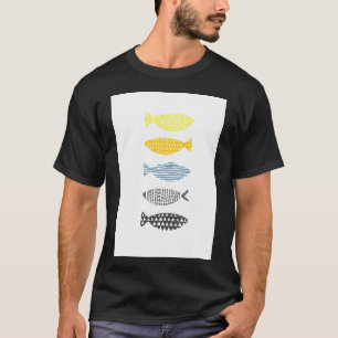 minimale vis decor / geel / zwart / blauw t-shirt