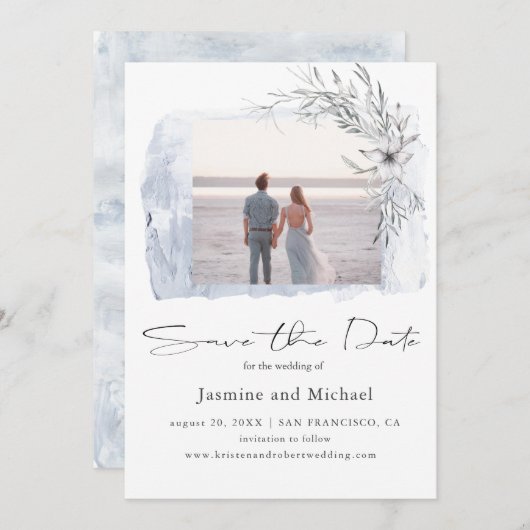 Minimale waterverf blauwe foto Opslaan datum Save The Date (Voorkant / Achterkant)