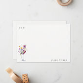 Minimale Waterverf Floral Wijnglas Wedding Notitiekaartje (Voorkant / Achterkant in situ)