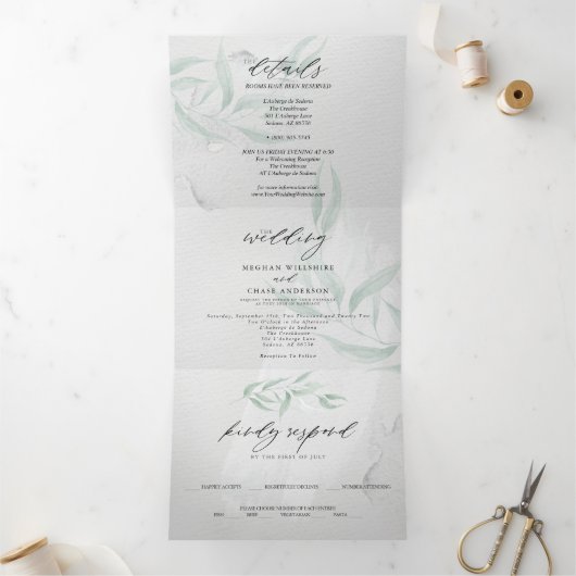 Minimale Waterverf met Eucalyptus Gray Tri-Fold Drieluik Uitnodiging (Binnen)