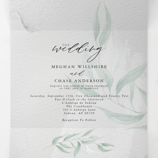 Minimale Waterverf met Eucalyptus Gray Tri-Fold Drieluik Uitnodiging (Binnenkant midden)