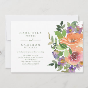 Minimale Waterverf Paars Oranje Floral Wedding Kaart