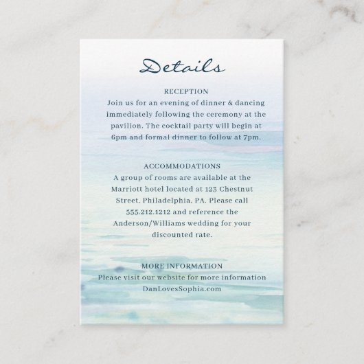 Minimale waterverf strand bruiloft details kaart (Voorkant)