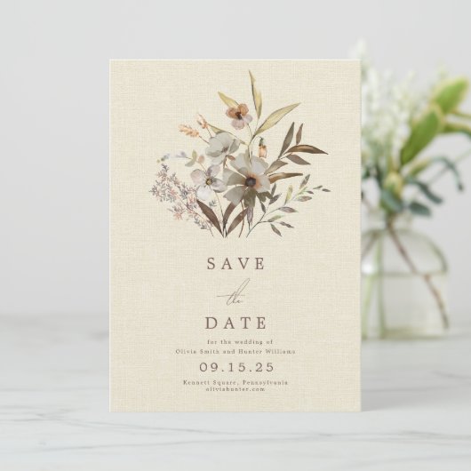 Minimale Waterverf Wildflower Faux Linen Save The Date (Staand voorkant)