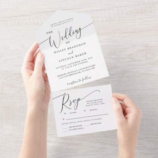 Minimale weddenschap met legant script all in one uitnodiging (Afscheurbaar)
