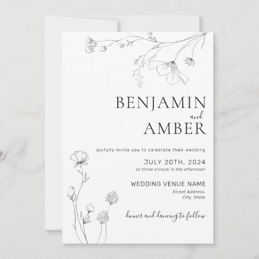 Minimale Wildbloemen Lijn Kunst Boho Wedding Kaart (Voorkant)