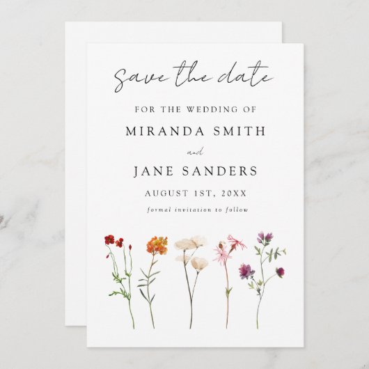 Minimale Wildflower Lesbische Pride Floral bruilof Save The Date (Voorkant / Achterkant)