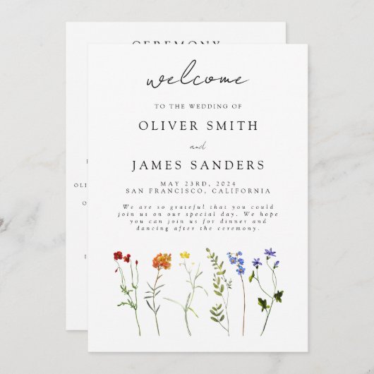 Minimale Wildflower LGBTQ Gay Pride Bloemenbruilof Programma (Voorkant / Achterkant)