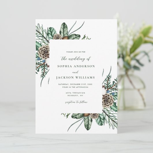 Minimale wintergroene uitnodiging voor bruiloft (Staand voorkant)