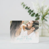 Minimale witte bekleding Aqua Script & foto Save The Date (Staand voorkant)