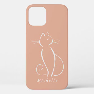 Minimale witte kat op roze voeg naam toe   iPhone 12 hoesje