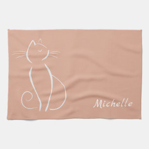 Minimale witte kat op roze voeg naam toe theedoek