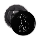 Minimale witte kat op zwart, voeg naam toe button flesopener (Voorkant)
