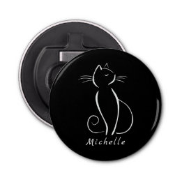 Minimale witte kat op zwart, voeg naam toe button flesopener