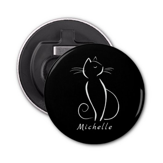 Minimale witte kat op zwart, voeg naam toe button flesopener (Voorkant)