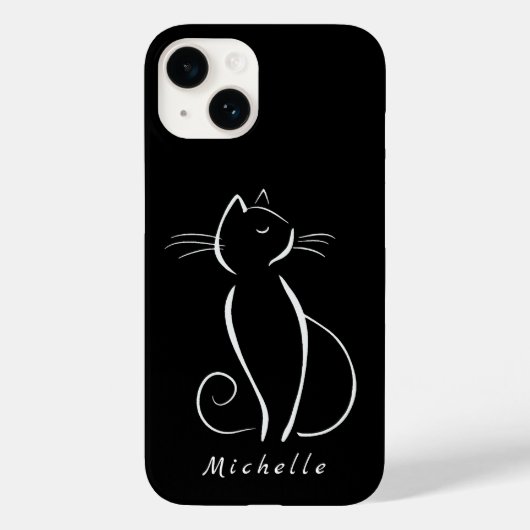 Minimale witte kat op zwart, voeg naam toe Case-Mate iPhone case (Achterkant)