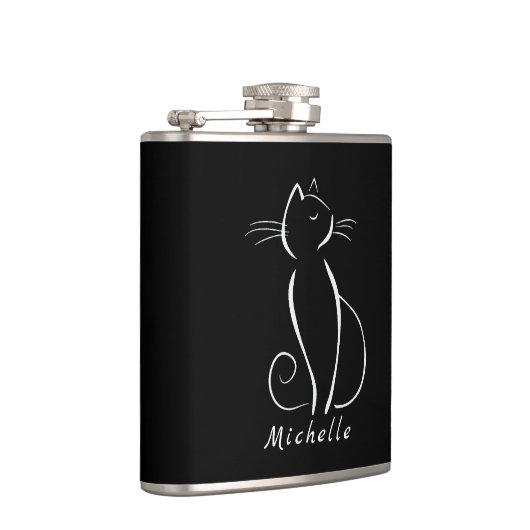 Minimale witte kat op zwart, voeg naam toe heupfles (Rechts)