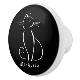 Minimale witte kat op zwart, voeg naam toe keramische knop