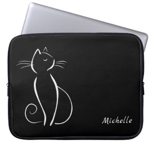 Minimale witte kat op Zwart voeg Naam toe Laptop Sleeve