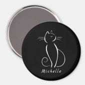 Minimale witte kat op zwart, voeg naam toe magneet (Voorkant / Achterkant)