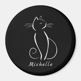 Minimale witte kat op zwart, voeg naam toe magneet
