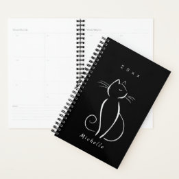 Minimale witte kat op zwart, voeg naam toe planner