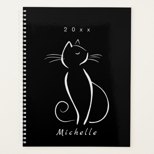 Minimale witte kat op zwart, voeg naam toe planner (Voorkant)