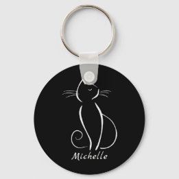 Minimale witte kat op zwart, voeg naam toe sleutelhanger