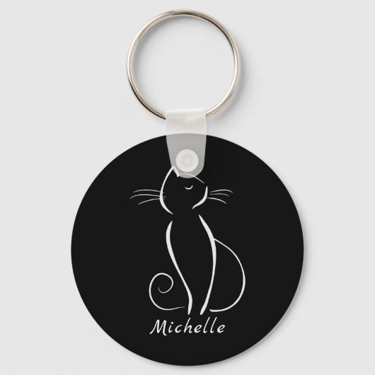 Minimale witte kat op zwart, voeg naam toe sleutelhanger (Voorkant)