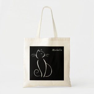 Minimale witte kat op Zwart voeg Naam toe Tote Bag