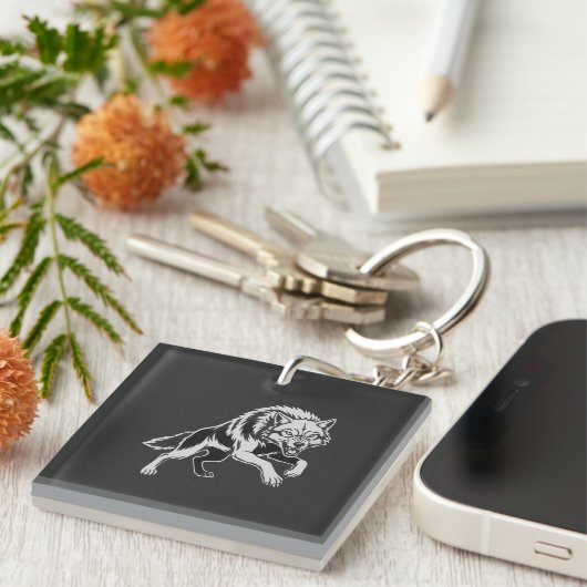 Minimale witte lijn wolf sleutelhanger (Voorkant Rechts)