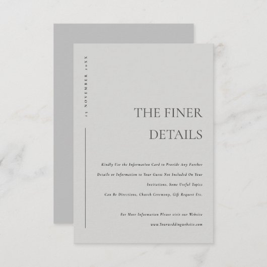 Minimale zachte lichte grijze typografie trouwdeta informatiekaartje (Voorkant / Achterkant)