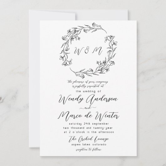 Minimale Zwart-Wit Boho Botanische Trouw Kaart (Voorkant)