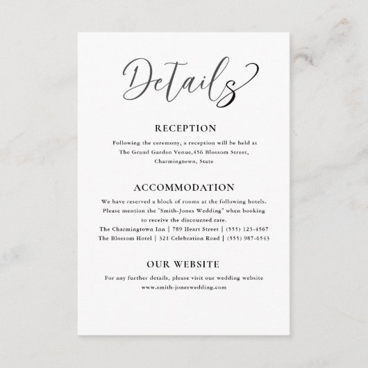 Minimale zwart-wit bruiloft details informatiekaartje (Voorkant)