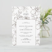 Minimale zwart-wit florale chique monogram bruilof kaart (Staand voorkant)