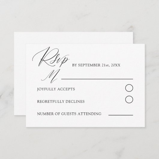Minimale zwart-wit kalligrafie bruiloft RSVP kaartje (Voorkant / Achterkant)