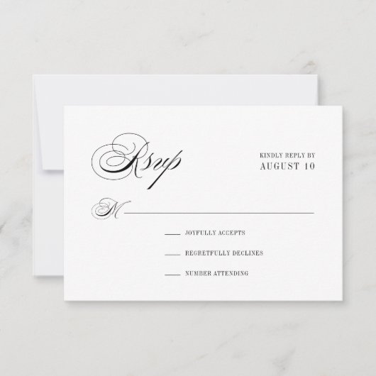 Minimale zwart-wit romantische script bruiloft RSVP kaartje (Voorkant)