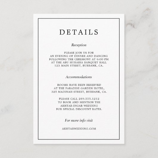 Minimale zwart-wit typografie bruiloft details informatiekaartje (Voorkant)