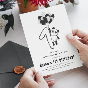 Minimale Zwart & Witte Panda 1e Verjaardagsfeestje Kaart