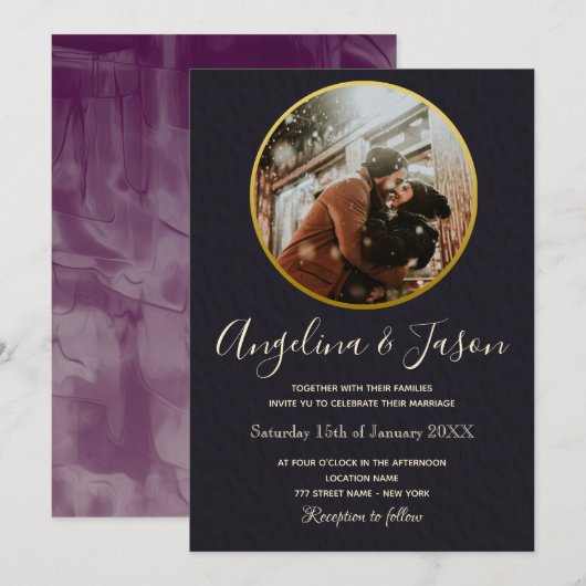 Minimale zwarte en gouden fotobruiloft kaart (Voorkant / Achterkant)