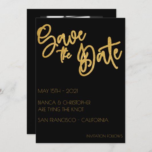 Minimale zwarte en goudkleurige kunstdeco save the date (Voorkant / Achterkant)