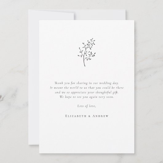 Minimale zwarte en witte botanische bruiloft bedankkaart (Achterkant)