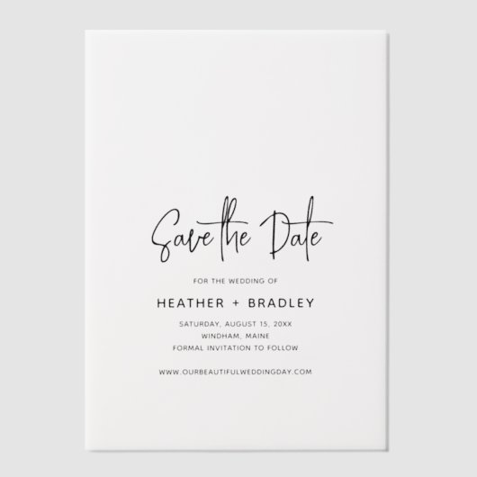 Minimale zwarte en witte bruiloft sparen de Datum Vellum Uitnodigingen (Voorkant)