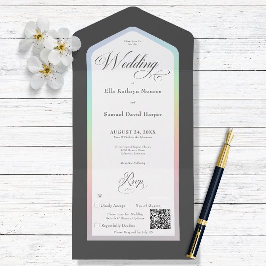 Minimale zwarte en witte regenboog Moderne QR-code All In One Uitnodiging
