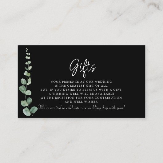 Minimale zwarte Eucalyptus-Huwelijkscadeaus Informatiekaartje (Voorkant)